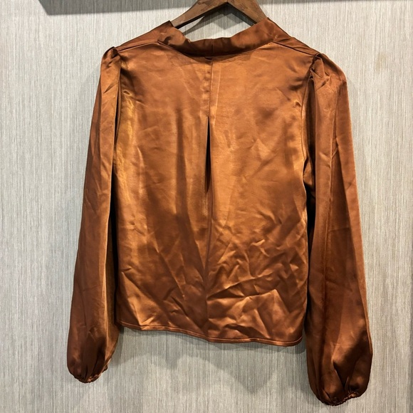 LUSH Rust Orange Satin Long Sleeve Blouse with Tie Front - Picture 4 of 5